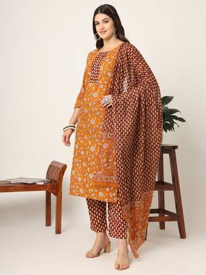  piping on yoke floral print mustard cotton kurta set with dupatta set 2