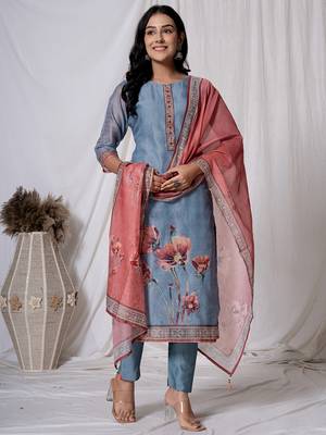 chanderi blue kurta dupatta set 2