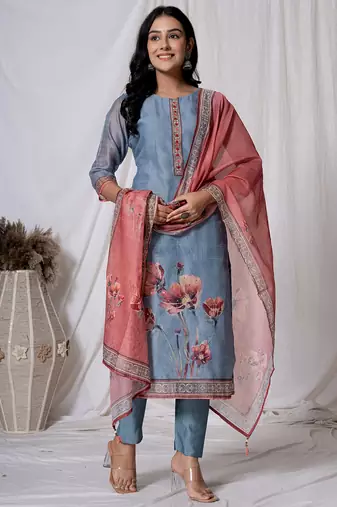 chanderi blue kurta dupatta set