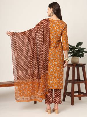  piping on yoke floral print mustard cotton kurta set with dupatta set 3
