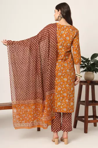  piping on yoke floral print mustard cotton kurta set with dupatta set