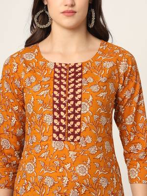  piping on yoke floral print mustard cotton kurta set with dupatta set 4