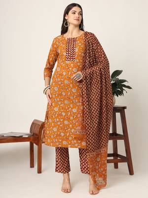  piping on yoke floral print mustard cotton kurta set with dupatta set 5