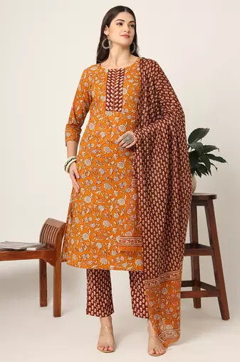  piping on yoke floral print mustard cotton kurta set with dupatta set