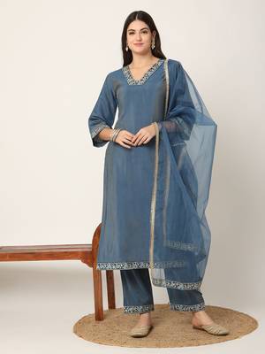 blue roman silk zari-work on yoke straight kurta dupatta set 1