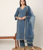  blue roman silk zari-work on yoke straight kurta dupatta set