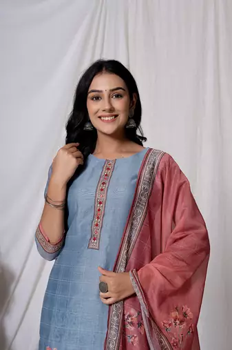 chanderi blue kurta dupatta set