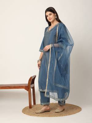  blue roman silk zari-work on yoke straight kurta dupatta set 2
