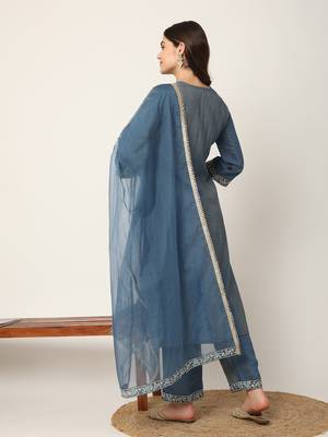  blue roman silk zari-work on yoke straight kurta dupatta set 3
