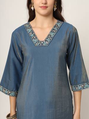  blue roman silk zari-work on yoke straight kurta dupatta set 4