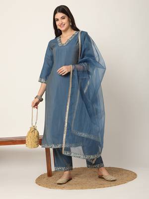  blue roman silk zari-work on yoke straight kurta dupatta set 5