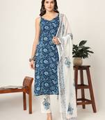  blue cotton strappy block print kurta dupatta set