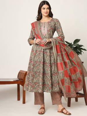  pink and gray cotton dori embroidery anarkali kurta dupatta pant set 1