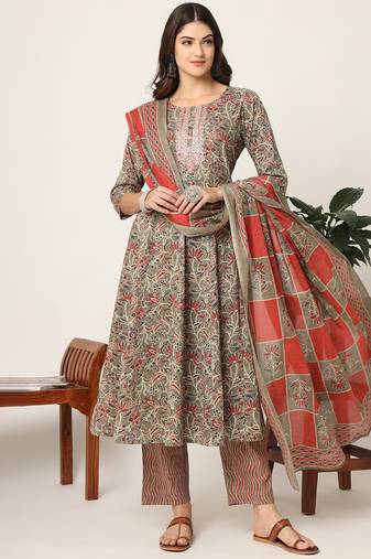  pink and gray cotton dori embroidery anarkali kurta dupatta pant set
