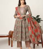  pink and gray cotton dori embroidery anarkali kurta dupatta pant set