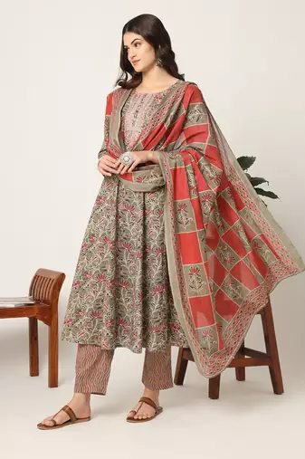  pink and gray cotton dori embroidery anarkali kurta dupatta pant set