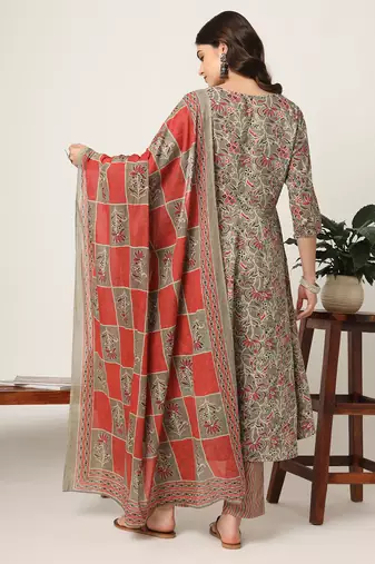 pink and gray cotton dori embroidery anarkali kurta dupatta pant set
