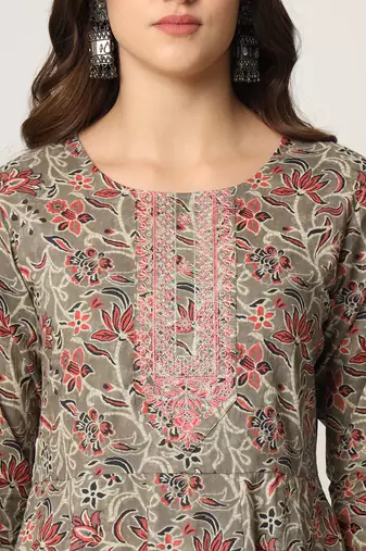  pink and gray cotton dori embroidery anarkali kurta dupatta pant set