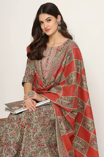  pink and gray cotton dori embroidery anarkali kurta dupatta pant set