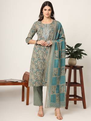  cotton teal blue and grey cotton dori embroidery kurta dupatta pant set 1