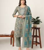  cotton teal blue and grey cotton dori embroidery kurta dupatta pant set