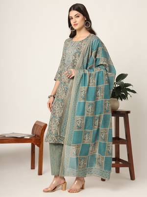  cotton teal blue and grey cotton dori embroidery kurta dupatta pant set 2