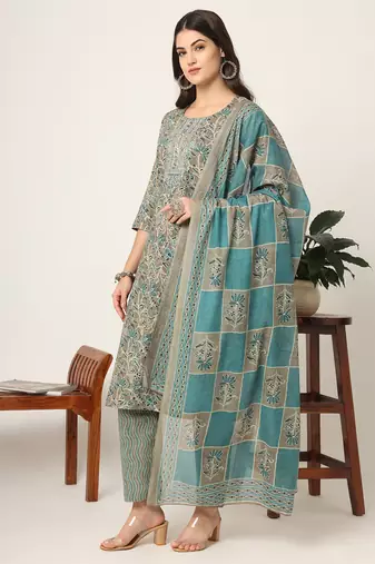  cotton teal blue and grey cotton dori embroidery kurta dupatta pant set