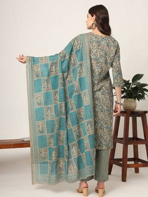  cotton teal blue and grey cotton dori embroidery kurta dupatta pant set 3