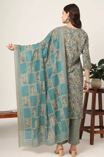  cotton teal blue and grey cotton dori embroidery kurta dupatta pant set