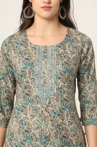  cotton teal blue and grey cotton dori embroidery kurta dupatta pant set