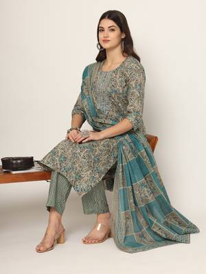  cotton teal blue and grey cotton dori embroidery kurta dupatta pant set 5