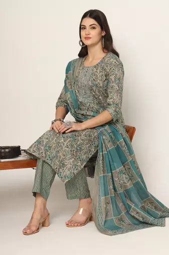  cotton teal blue and grey cotton dori embroidery kurta dupatta pant set
