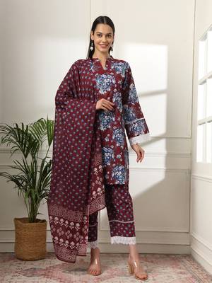  maroon pakistani cotton kurta dupatta set 1