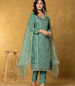 green thread work silk blend straight kurta dupatta pant set