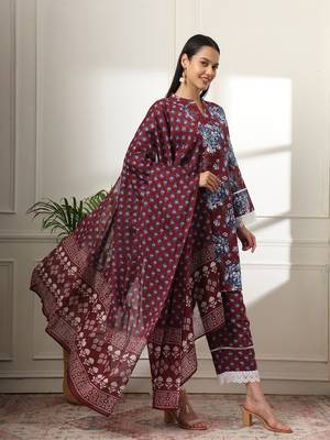  maroon pakistani cotton kurta dupatta set 2