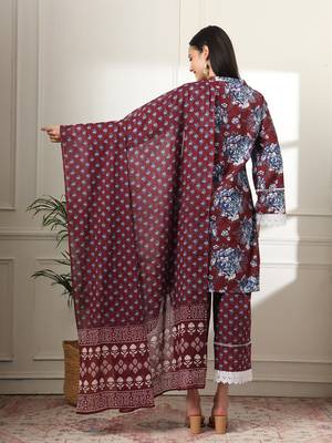  maroon pakistani cotton kurta dupatta set 3