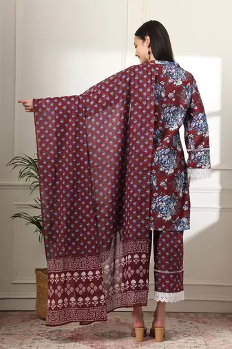  maroon pakistani cotton kurta dupatta set