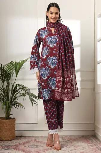  maroon pakistani cotton kurta dupatta set