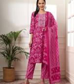  pink pure cotton floral print embroidered kurta dupatta pant set