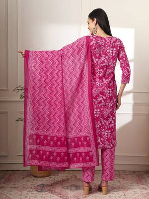  pink pure cotton floral print embroidered kurta dupatta pant set 3
