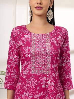 pink pure cotton floral print embroidered kurta dupatta pant set 4