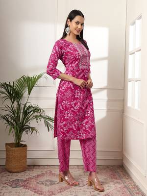  pink pure cotton floral print embroidered kurta dupatta pant set 5