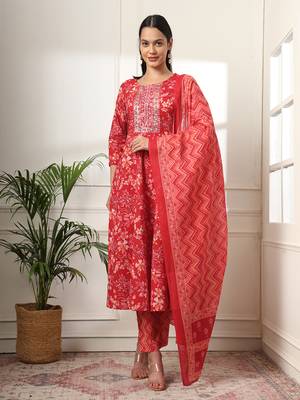  pure cotton red anarkali dupatta pant set 1