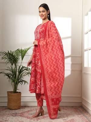  pure cotton red anarkali dupatta pant set 2