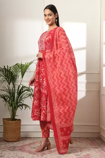  pure cotton red anarkali dupatta pant set
