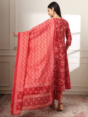  pure cotton red anarkali dupatta pant set 3