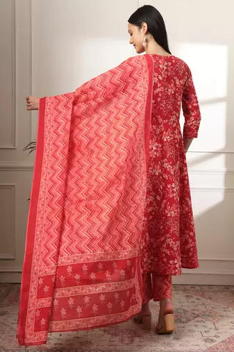  pure cotton red anarkali dupatta pant set