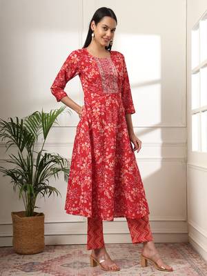  pure cotton red anarkali dupatta pant set 5
