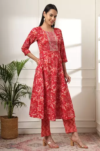  pure cotton red anarkali dupatta pant set