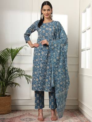 pure cotton straight blue kurta dupatta set 1